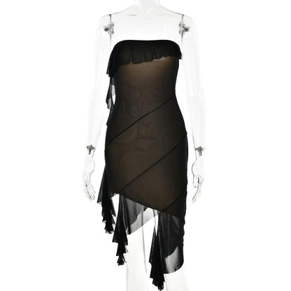 Strapless Mesh Ruffle Asymmetric Backless Mini Dress