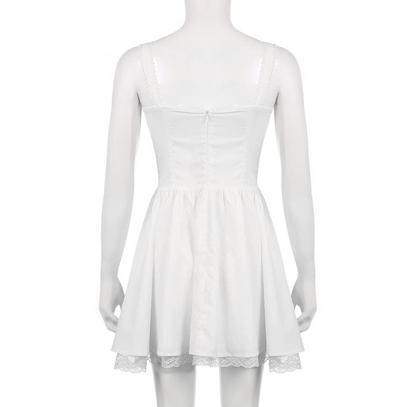 Lace Trim Square Neck Zip Up Ruched Backless Mini Dress