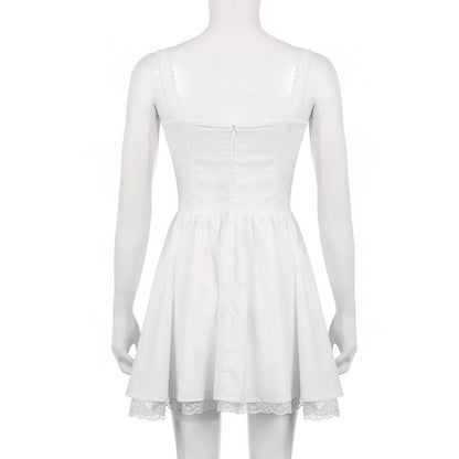 Lace Trim Square Neck Zip Up Ruched Backless Mini Dress