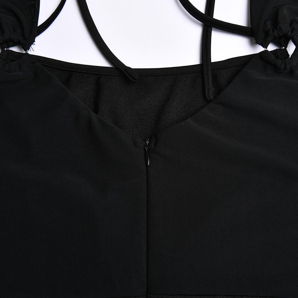 Mesh Corset Off-Shoulder Hollow Cutout Gauntlet Sleeve Halter Mini Dress