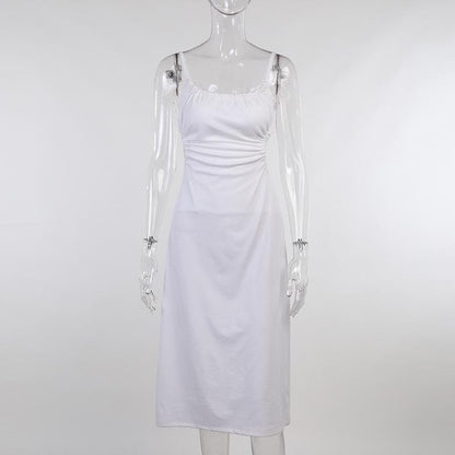 Spaghetti Strap Side Cutout Ruched Tie Back Satin Column Maxi Dress