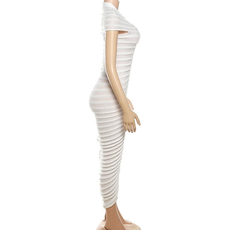Horizontal Rib Tiered Bandage Mock Neck Cap Sleeve Midi Dress