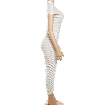 Horizontal Rib Tiered Bandage Mock Neck Cap Sleeve Midi Dress