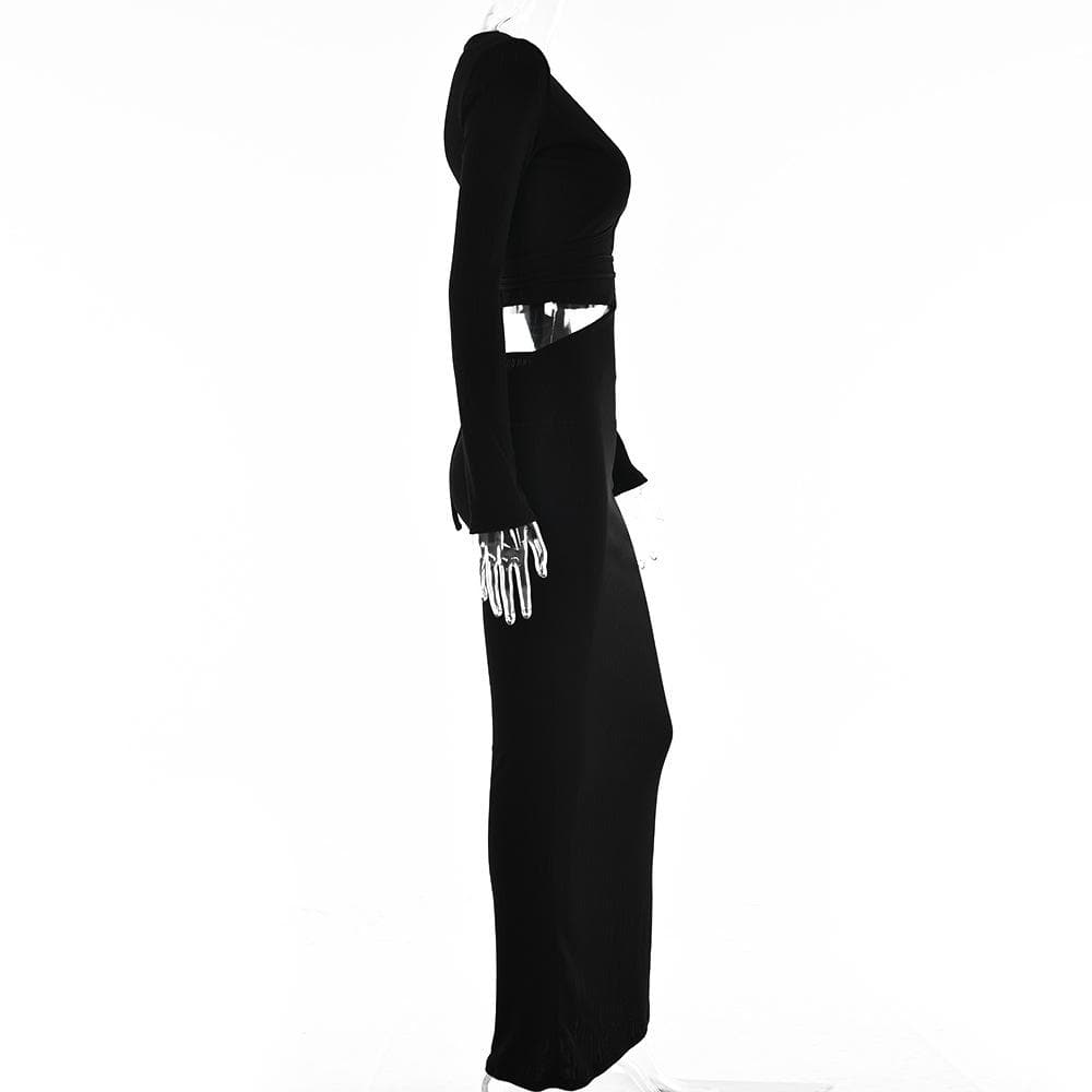 Ribbed Long Sleeve Deep V Neck Waist Cutout Lace Up Maxi Dress