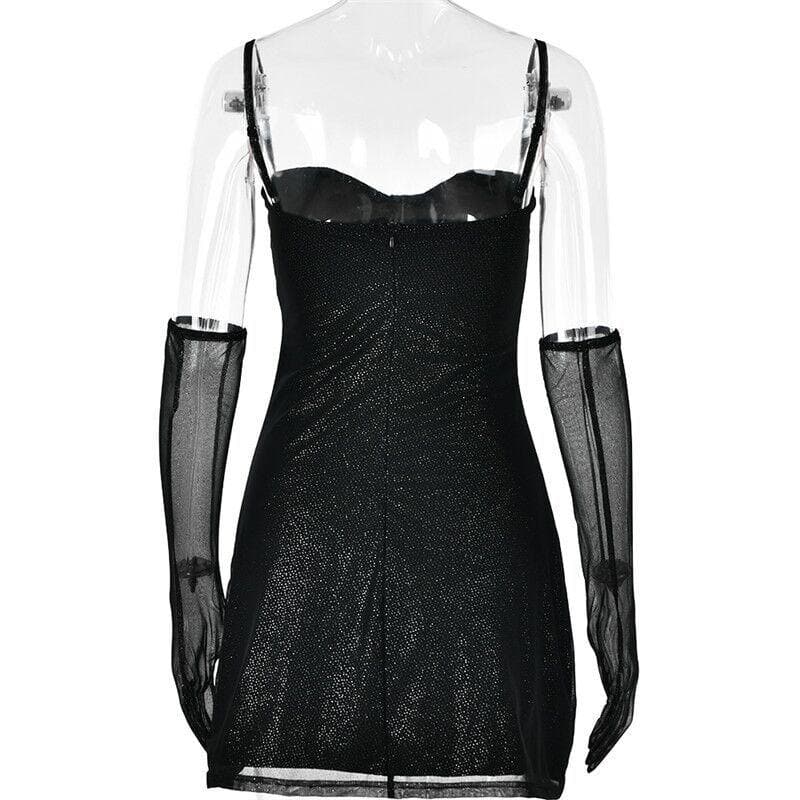 Sweetheart Neck Spaghetti Strap Glitter Side Slit Mesh Glove Mini Dress