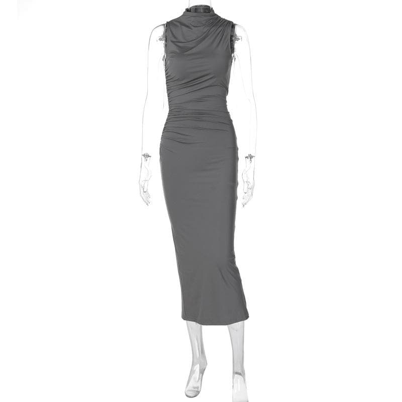 Draped High Neck Side Ruched Sleeveless Bodycon Maxi Dress