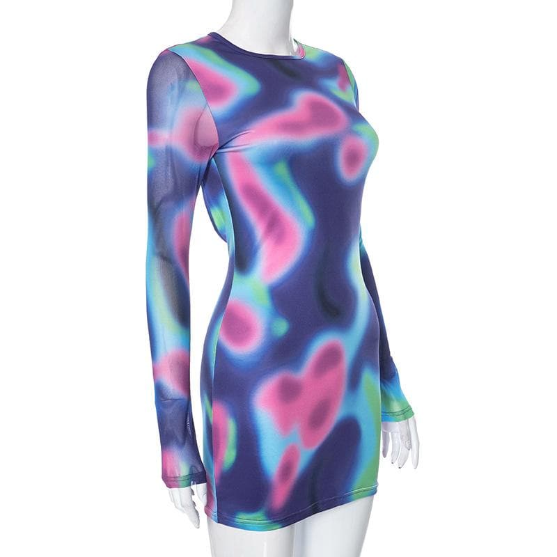 Crew Neck Abstract Aura Print Backless Long Sleeve Mini Dress