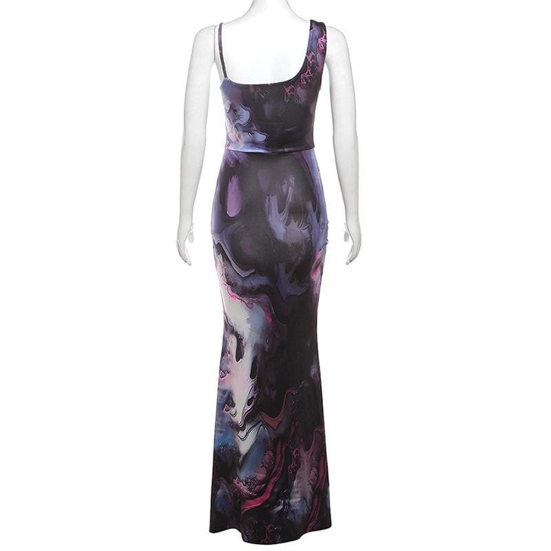 Square Neck Spaghetti Strap Abstract Marble Print Mermaid Maxi Dress