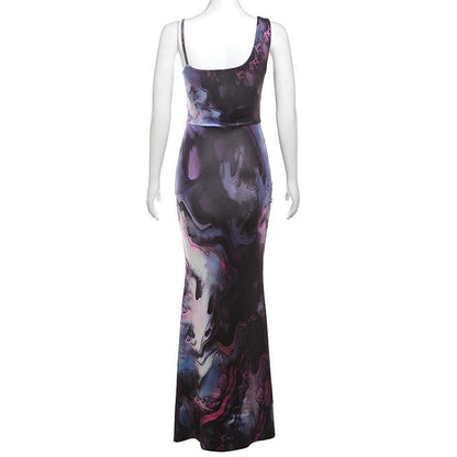 Square Neck Spaghetti Strap Abstract Marble Print Mermaid Maxi Dress