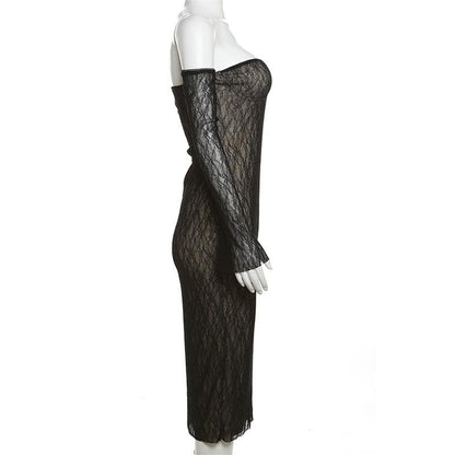 Sweetheart Neck Lace Bustier Tube Midi Dress and Lace Arm Sleeves Set