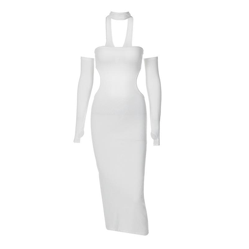 Halter Choker Glove Thumbhole Side Cutout Backless Midi Dress