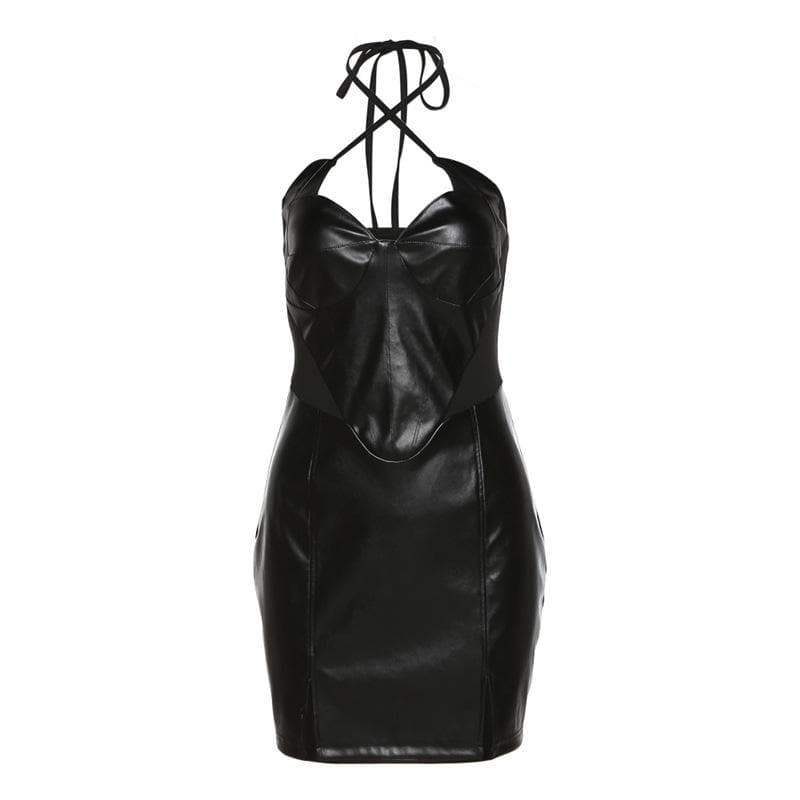 Halter Sweetheart Underwire Faux Leather Corset Top Slit Front Mini Skirt Set