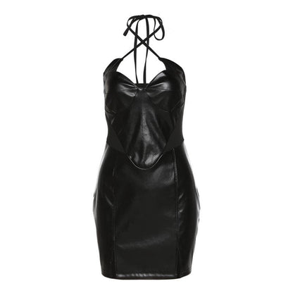 Halter Sweetheart Underwire Faux Leather Corset Top Slit Front Mini Skirt Set