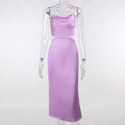 Cowl Neck Criss Cross Strap Side Cutout Satin Midi Dress