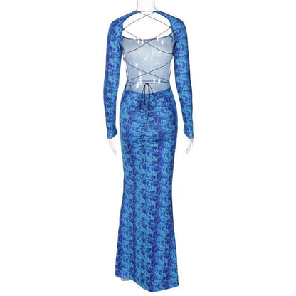 Lace Up Backless Long Sleeve Slit Ruched Print Maxi Dress