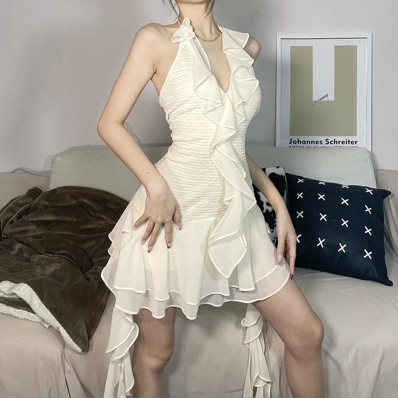 Halter Plunging Ruffle Front Ruched Tiered Asymmetric Mini Dress