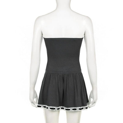 Strapless Velvet Band Bow Eyelet Lace Trim Drop Waist Tube Mini Dress