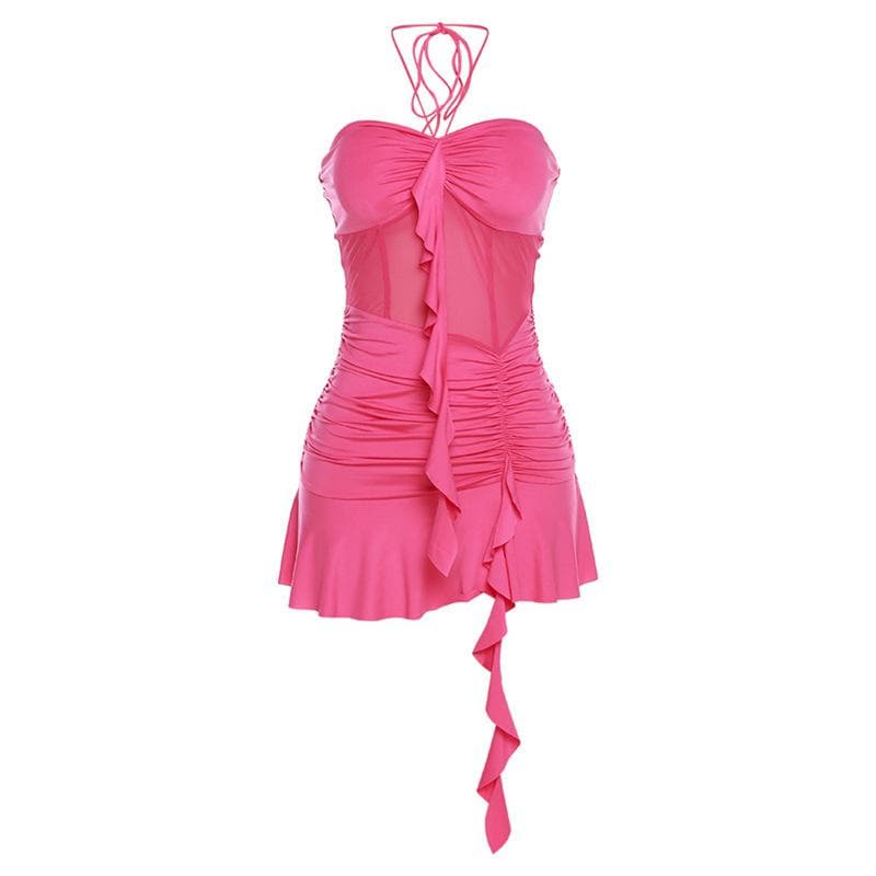 Halter Tie Neck Mesh Corset Vertical Ruffle Bodycon Mini Dress