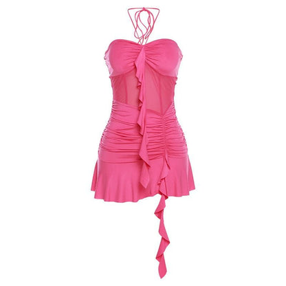 Halter Tie Neck Mesh Corset Vertical Ruffle Bodycon Mini Dress