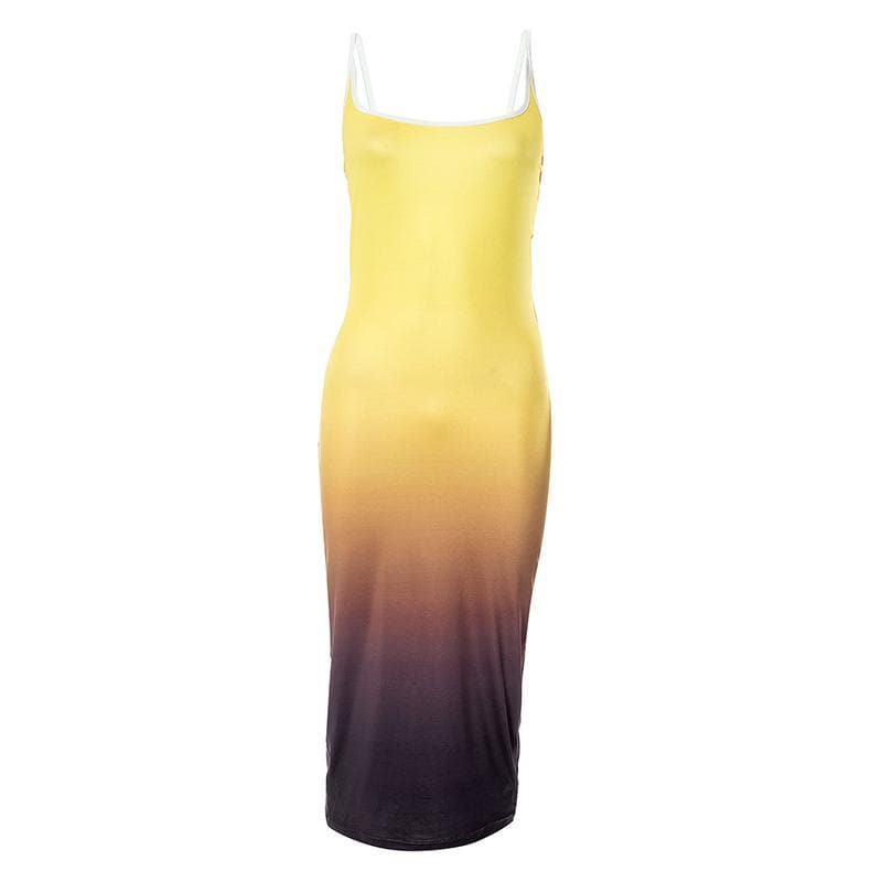 Ombre Print Square Neck Contrast Trim Backless Cami Midi Dress