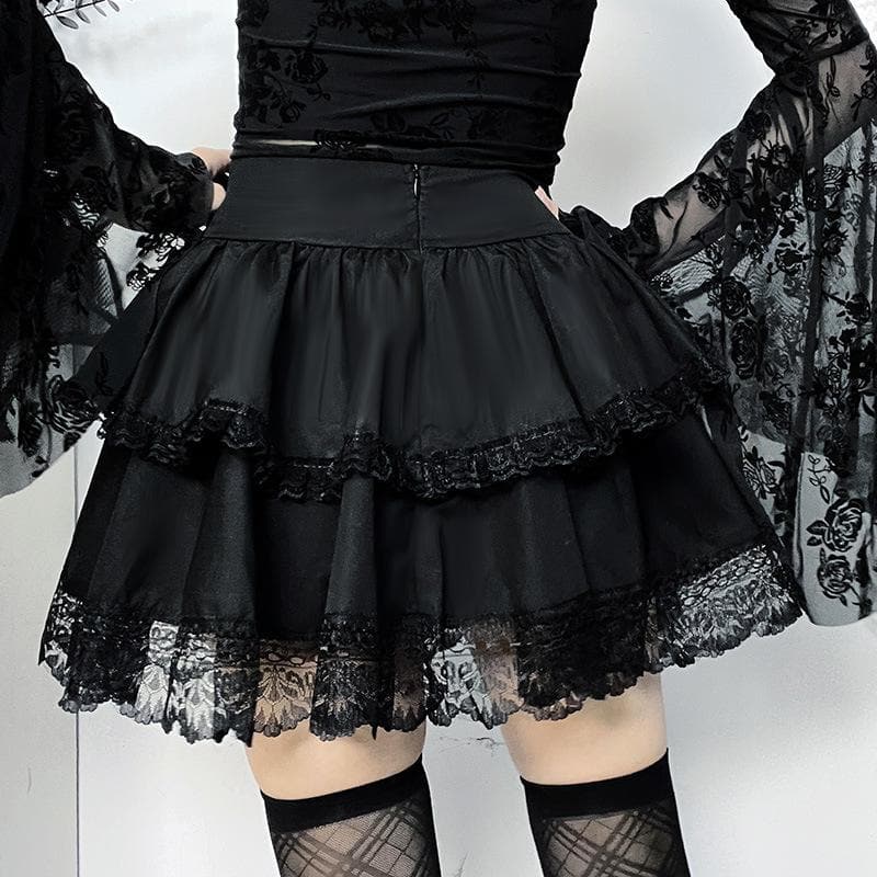 Ruched Lace Hem Chain Detail Lace Up Tiered Mini Skirt
