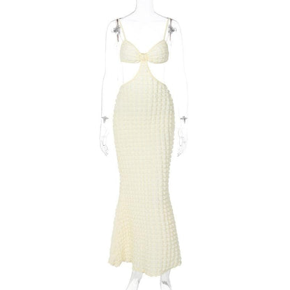 Spaghetti Strap Popcorn Knit Waist Cutout Backless Maxi Dress