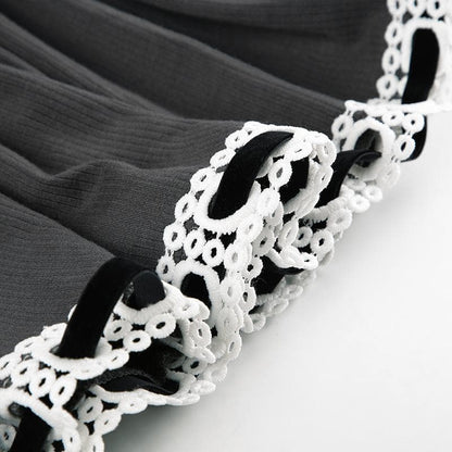 Strapless Velvet Band Bow Eyelet Lace Trim Drop Waist Tube Mini Dress