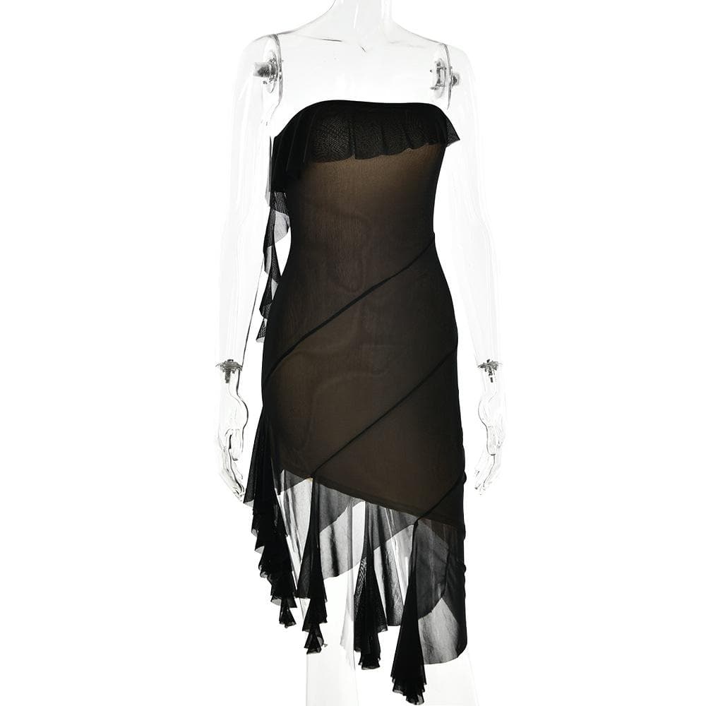 Strapless Mesh Ruffle Asymmetric Backless Mini Dress