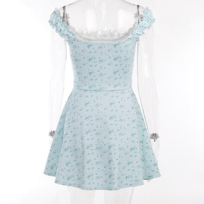 Square Neck Lace Trim Ribbon Bow Ruffle Strap Ditsy Floral Mini Dress