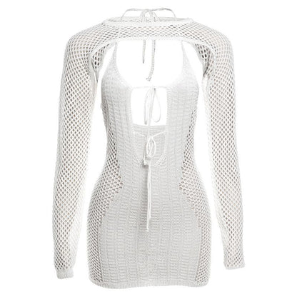 Fishnet Mesh Long Sleeve Shrug Halter Keyhole Mini Dress Set