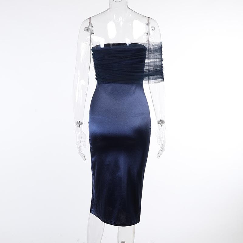 Strapless Mesh Overlay Ruched Side Panel Slit Midi Dress