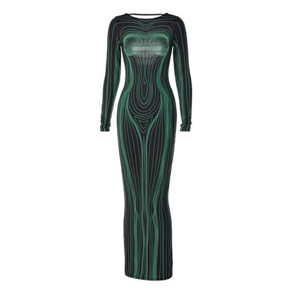 Body Contour Graphic Print Crew Neck Long Sleeve Maxi Dress