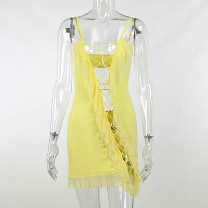 Halter Lace Up Ruffle Trim Asymmetric Hem Mini Dress