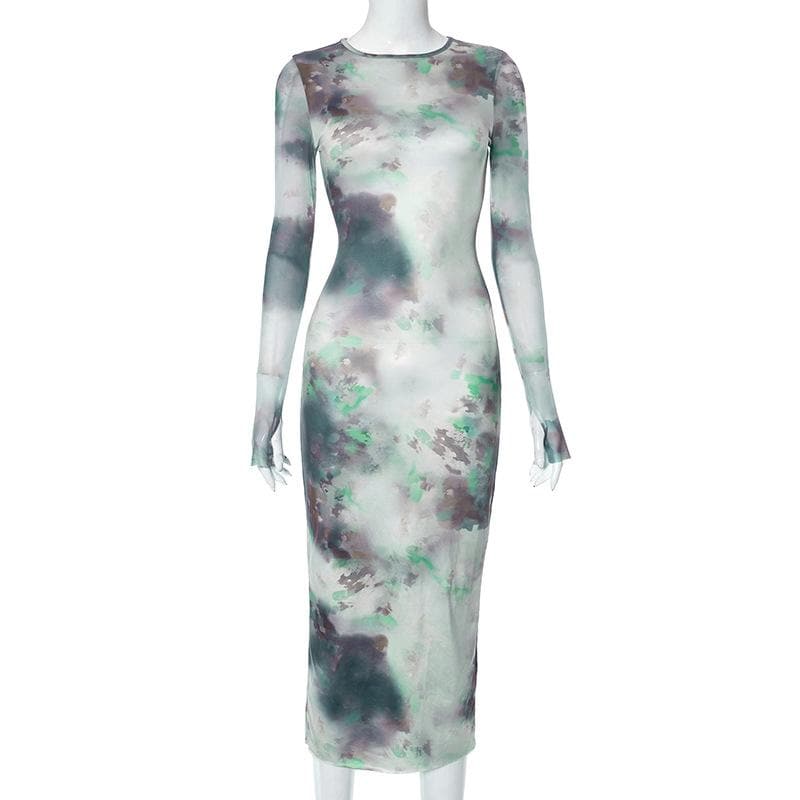 Crew Neck Long Sleeve Abstract Watercolor Print Bodycon Maxi Dress
