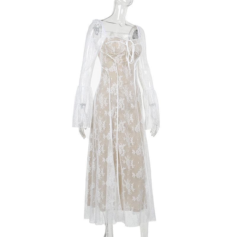Square Neck Corset Lace Long Sleeve Bell Cuff Paneled Maxi Dress