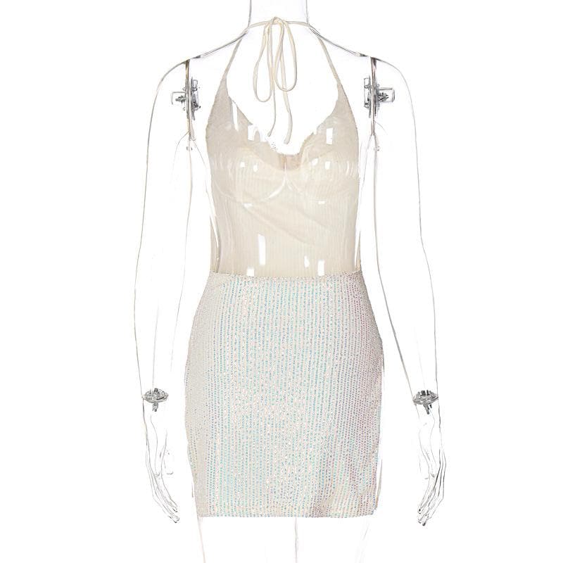 Sequin Cowl Neck Halter Open Side Slit Mini Dress