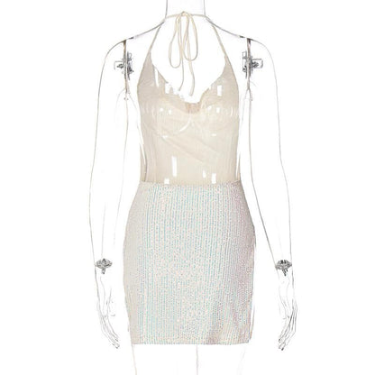 Sequin Cowl Neck Halter Open Side Slit Mini Dress