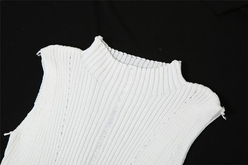 Sleeveless Mock Neck Ribbed Knit Distressed Ladder Hem Maxi Dress