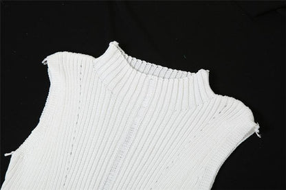 Sleeveless Mock Neck Ribbed Knit Distressed Ladder Hem Maxi Dress