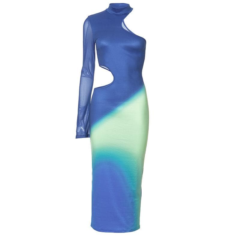 Mock Neck One-Sleeve Mesh Side Cutout Ombre Bodycon Maxi Dress