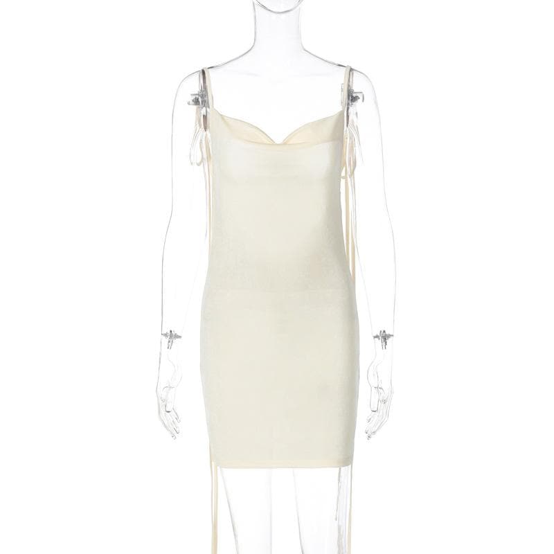 Cowl Neck Velvet Ribbon Tie Shoulder Bodycon Mini Dress