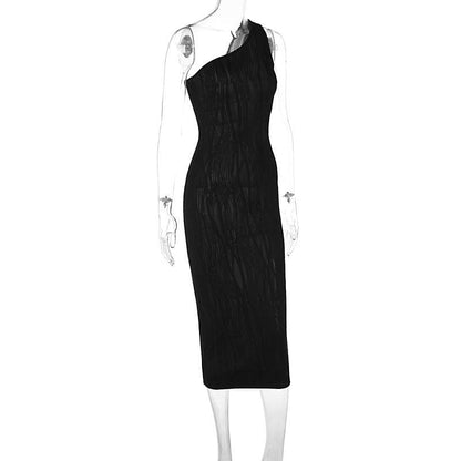 One Shoulder Crinkle Texture Side Cutout Bodycon Maxi Dress