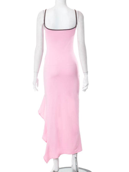 Spaghetti Strap High Slit Ruffle Trim Bodycon Maxi Dress