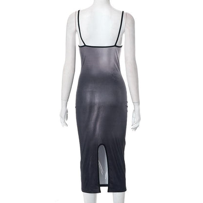 Cutout Collar Trompe Loeil Draped Print Sleeveless Bodycon Midi Dress