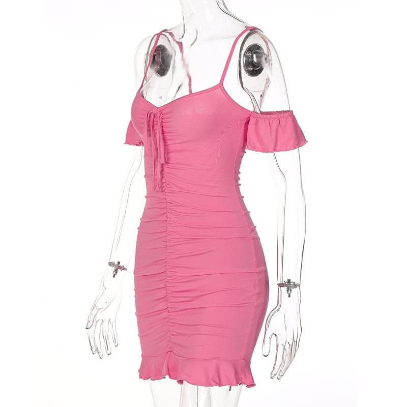 Sweetheart Tie Front Ruched Cold Shoulder Ruffle Mini Dress