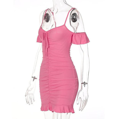 Sweetheart Tie Front Ruched Cold Shoulder Ruffle Mini Dress