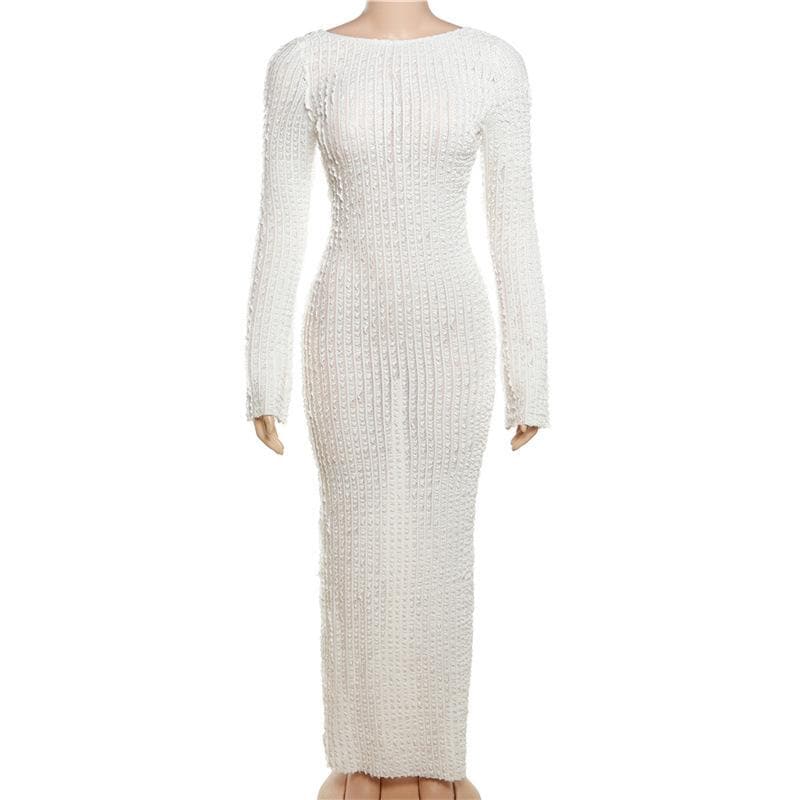 Crew Neck Long Sleeve Popcorn Knit Bodycon Maxi Dress