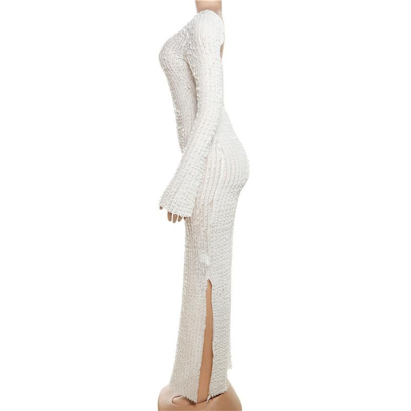Crew Neck Long Sleeve Popcorn Knit Bodycon Maxi Dress