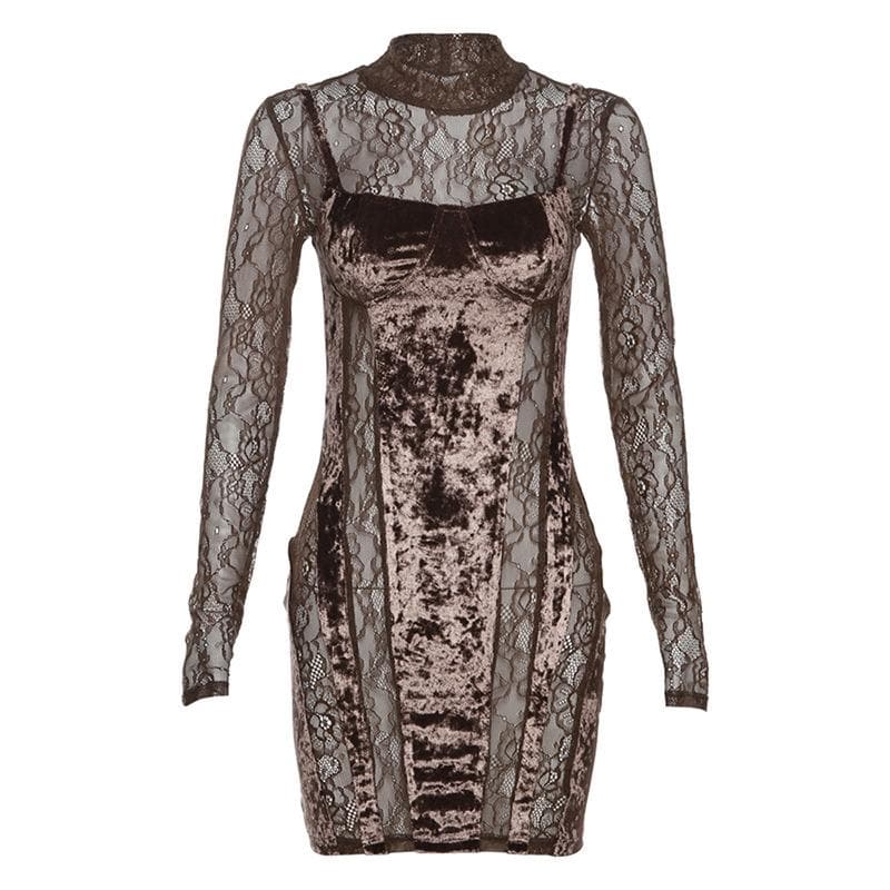 Mock Neck Lace Sleeve Velvet Panel Corset Bodice Mini Dress