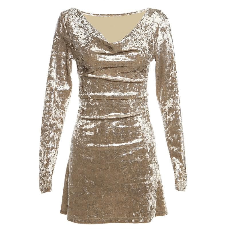Cowl Neck Cutout Long Sleeve Velvet Mini Dress